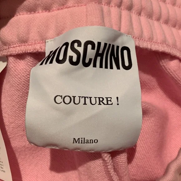 MOSCHINO COUTURE PINK JOGGERS SEAM POCKETS W/ZIPPER CLOSE LOGO CRYSTALS SIZE 38